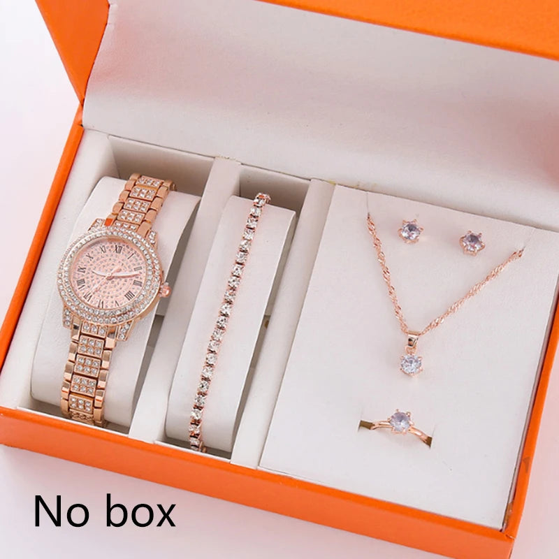 6Pcs Women's Rhinestone Quartz Watch Set Fashion Wrist Watch & Jewelry Set Gift