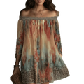 Retro Floral Print Off-Shoulder Dress Loose Lace Trim Summer Skirt Bohemian Leopard A-Line Fold Dress Casual Vacation