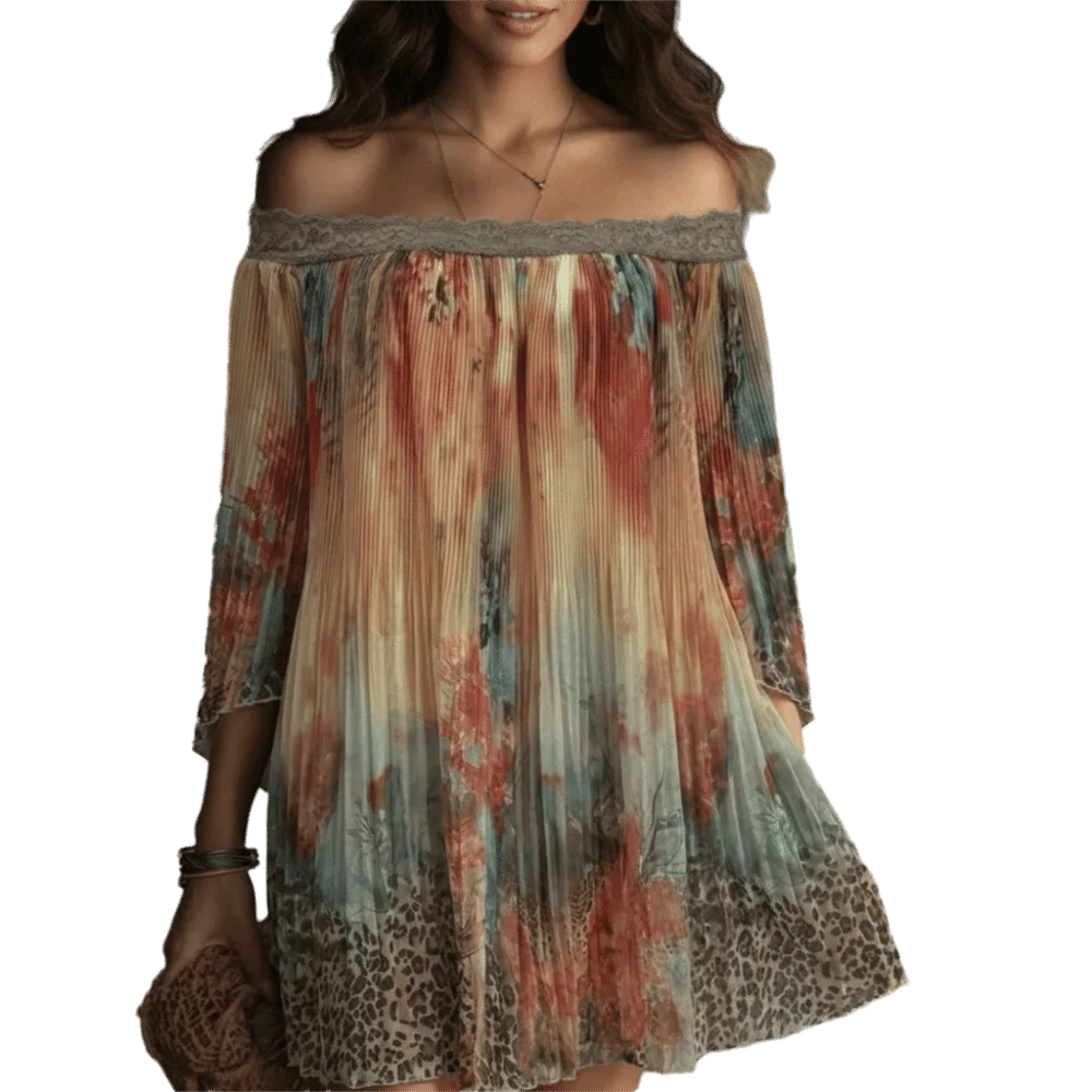 Retro Floral Print Off-Shoulder Dress Loose Lace Trim Summer Skirt Bohemian Leopard A-Line Fold Dress Casual Vacation