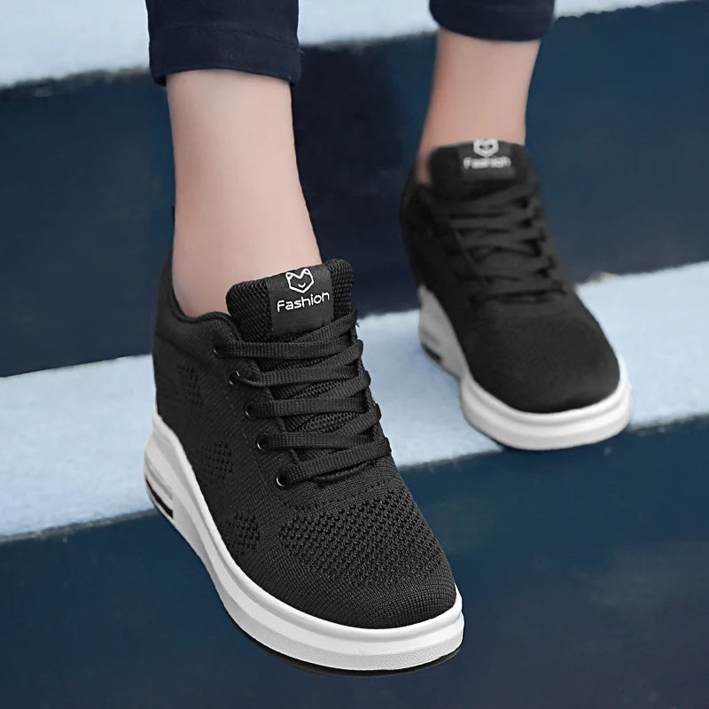 Interior Height Increasing Women Shoes Korean Style White Casual Thick Soled Mesh Flat Shoes Spring Autumn Walking High Heels