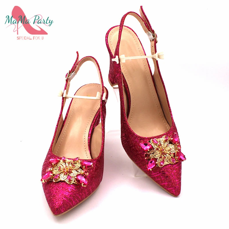 Fuchsia Color Italian Classics Design African Women Shoes and Bag Set High Quality with Shinning Crystal for Wedding Party