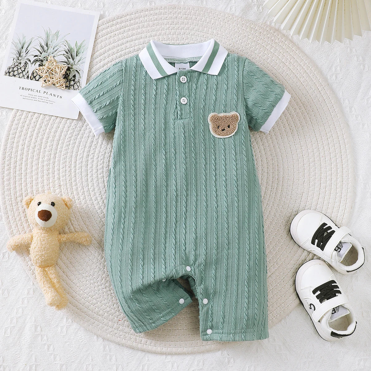 0-18 Months Old Newborn Baby Boy Jumpsuit Cute Little Bear Short Sleeved Jumpsuit Baby Clothing Boy Baby Summer Crawling Suit