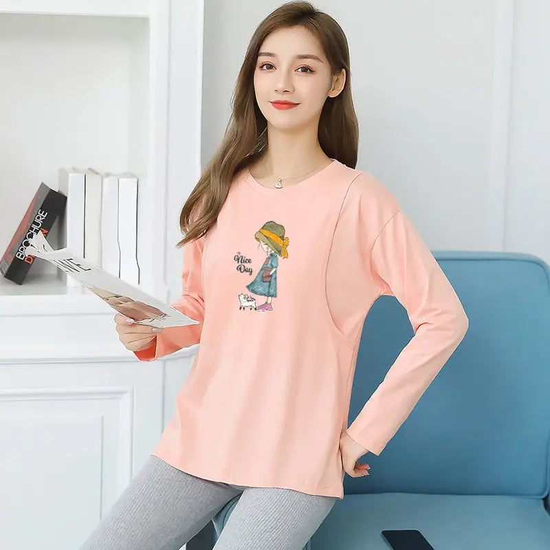 2025 Autumn Long Sleeve O-neck Postpartum Women Nursing T-shirt Maternity Breastfeeding Top Pregnancy Lactation Tees 7 Colors