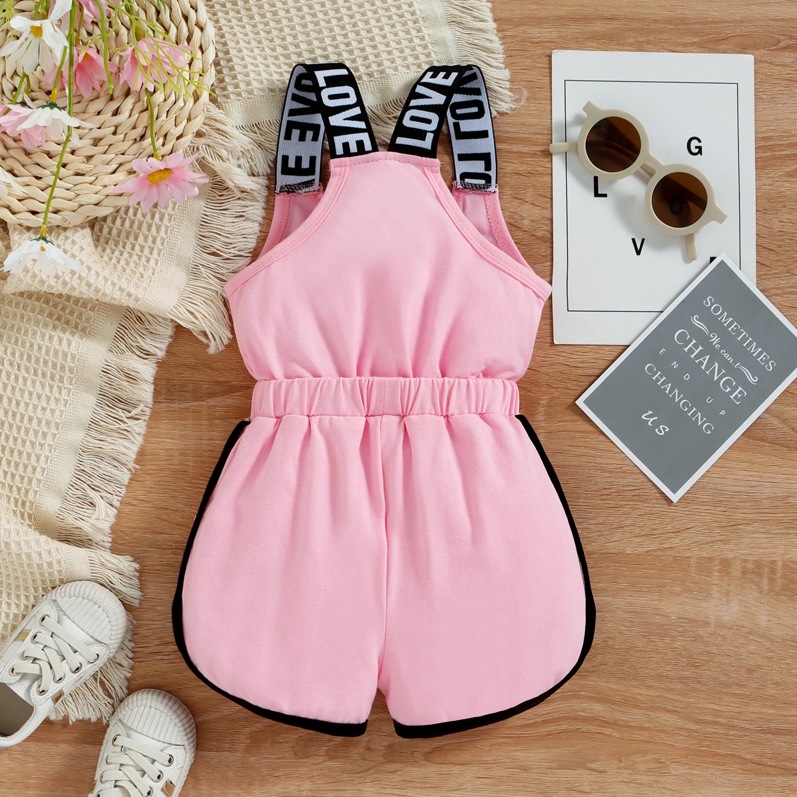 Toddler Kids Baby Girls Summer Romper, Sleeveless Crew Neck Letter Print Short Jumpsuit Elastic Waist Clothes 9M-4T