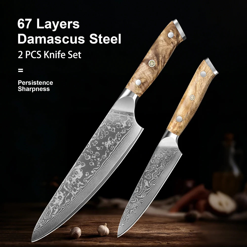 1-2PCS Set Kitchen Chef Knife Damascus Steel 67 Layers Utility Knife Chef Knife Figured Sycamore Wood Handle Delicate Gift Box