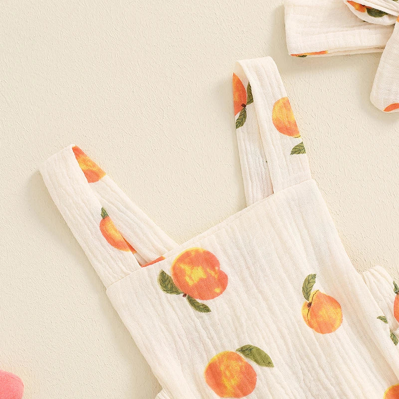 2024-05-08 Lioraitiin Summer Baby Girls Romper Peach Print Sleeveless Square Neck Side Tiered Ruffled Jumpsuit with Bow Headband