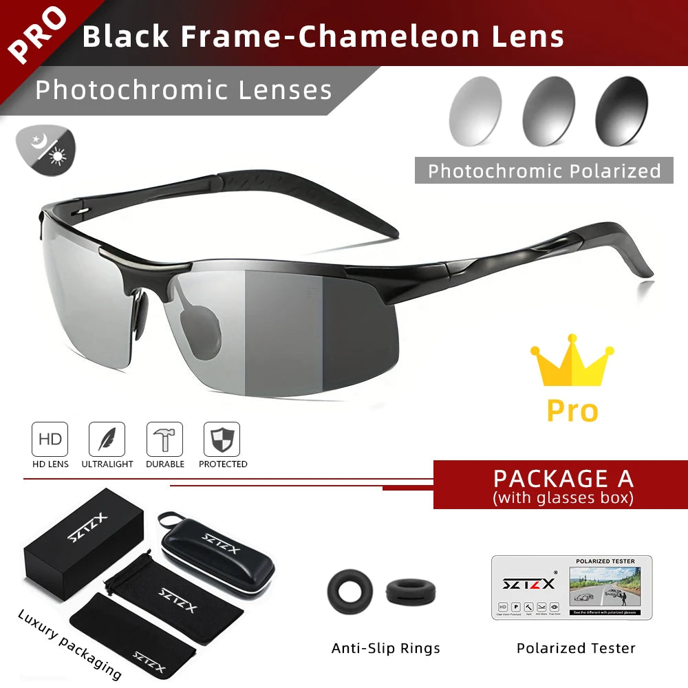SZTZX Aluminium Rimless Outdoor Sport Photochromic Sunglasses Men Polarized  Anti-UV Driving Fishing Glasses Cycling Goggle