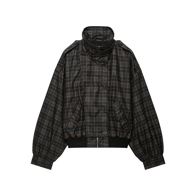 Elegant Plaid Patchwork Women's Jacket Loose Full Sleeve Stand Collar Single Breasted Outwear Female 2026 Fashion Autumn Outwear