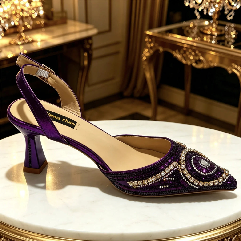 Elegant Purple Pointed Pumps Decoration Wavy Rhinestone Evening Bag For Wedding Women Heels Shoes Matching Bag Heels