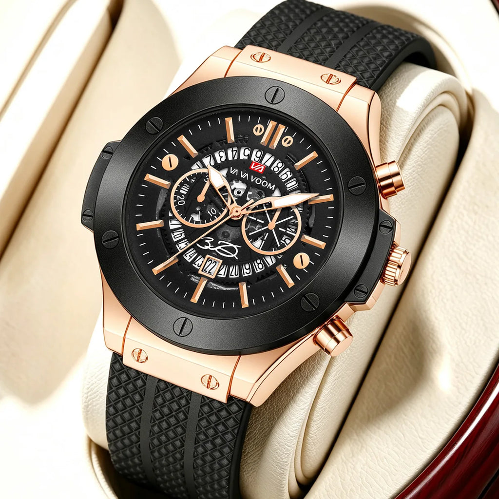 Black Silicone Mens Hand 46mm Hollowed Out Large Dial Rose Gold Fashionable Military Style Original Quartz Movement Sports Watch