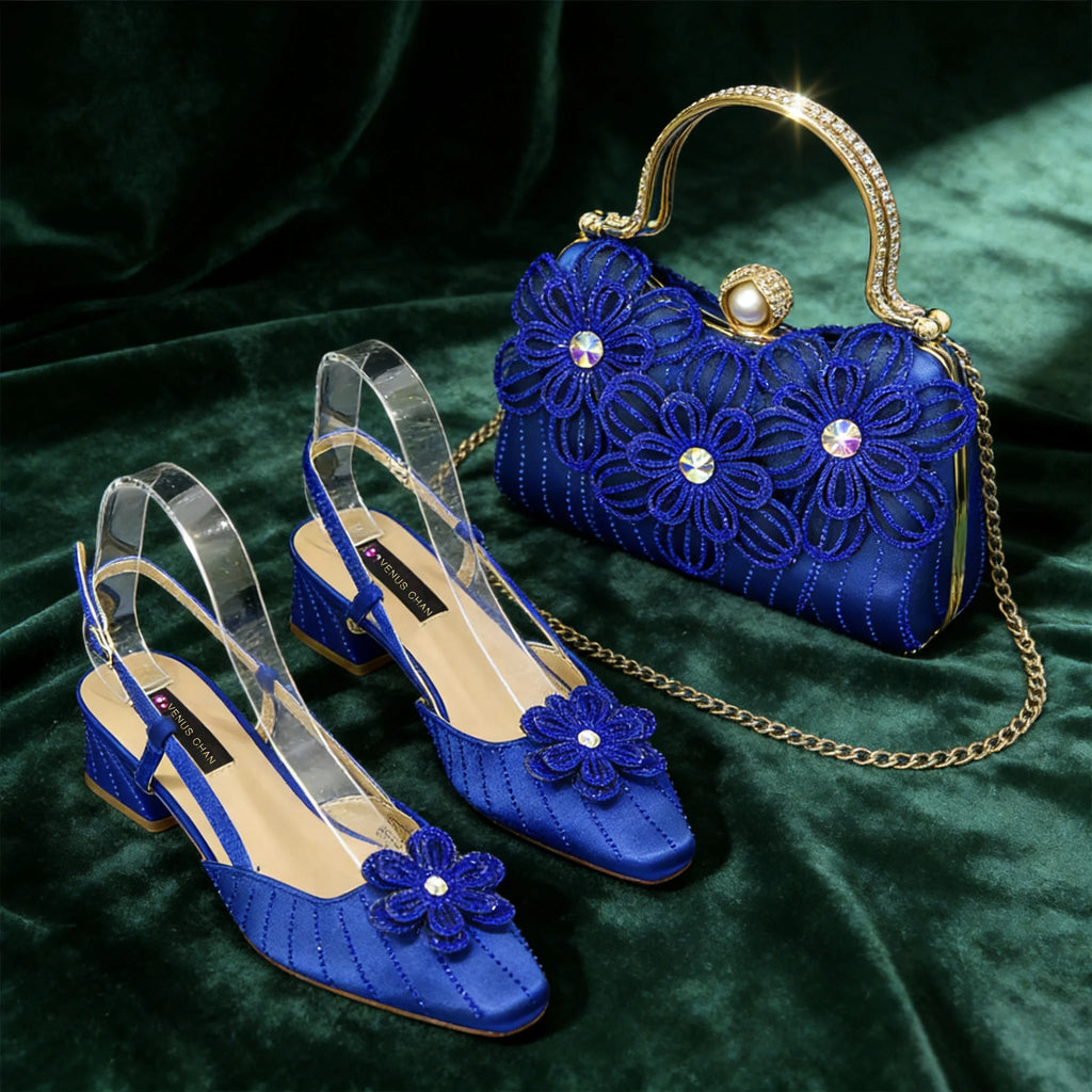 Party Shoes and Bag Ladies Heel Decoration Pure Elegant Flower Wedding Shoes and Bag Full Rhinestone Fashion Handbag