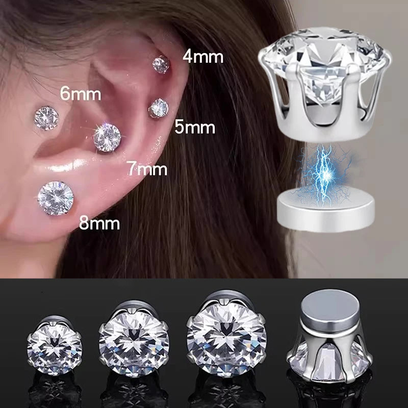 Punk Style Round Zircon Magnet Earrings Crystal Strong Magnetic Ear Stud Clip Earrings for Men Women Non Piercing Jewelry Gift