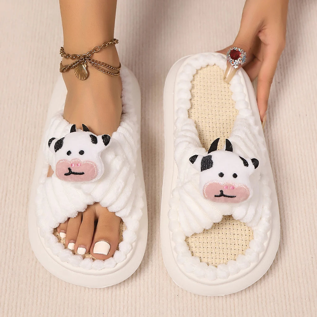 2024 Autumn Winter New Women Home Slippers Open-Toe Cross Band Linen Soled Indoor Slides Linen Soled Non-Slip Bathroom Slippers