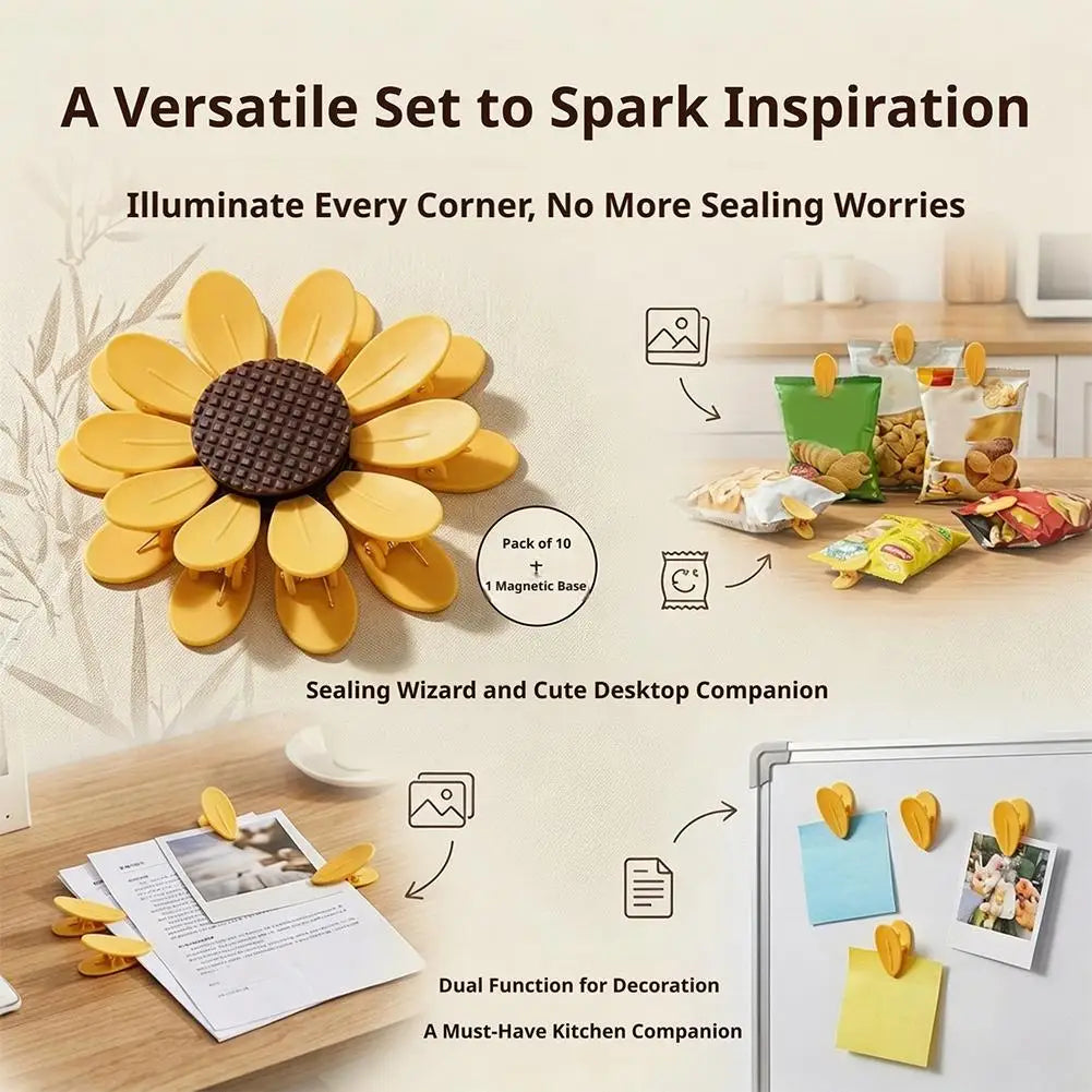 10Pcs Cute Sunflower Magnetic Food Sealing Clips With Base Airtight Chip Snack Bag Clips Kitchen Fresh Keeping Storage Note Clip