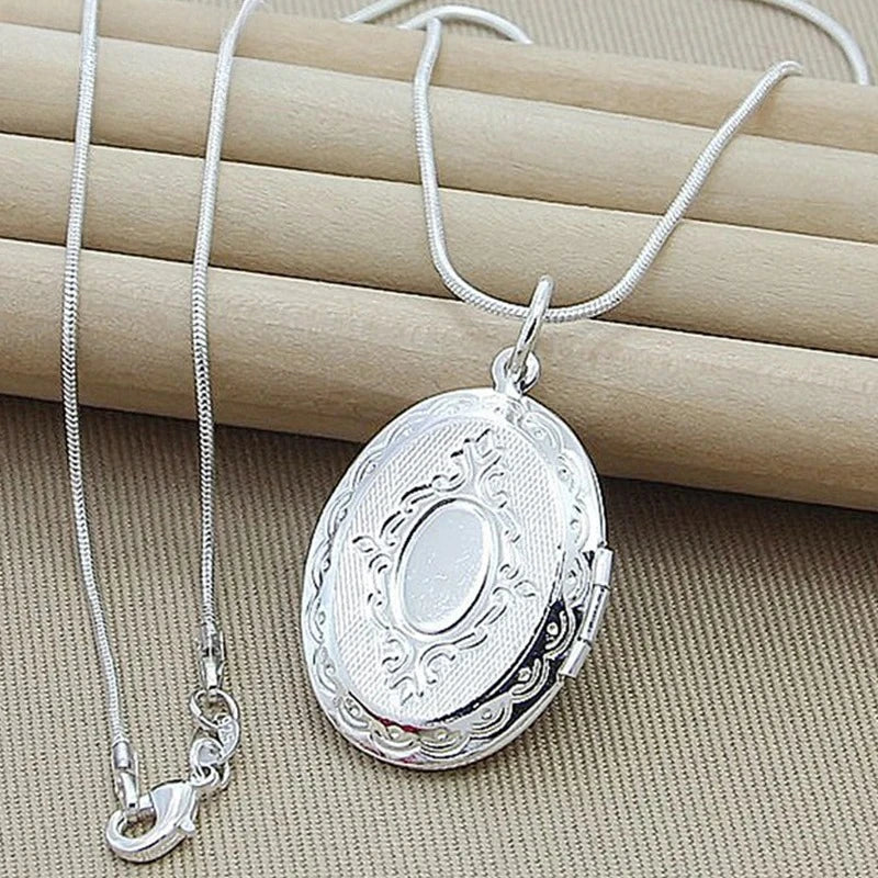 925 Sterling Silver Oval Round Photo Frame Pendant Necklace 18/20-28/30 Inch Snake Chain For Woman Man Wedding Jewelry