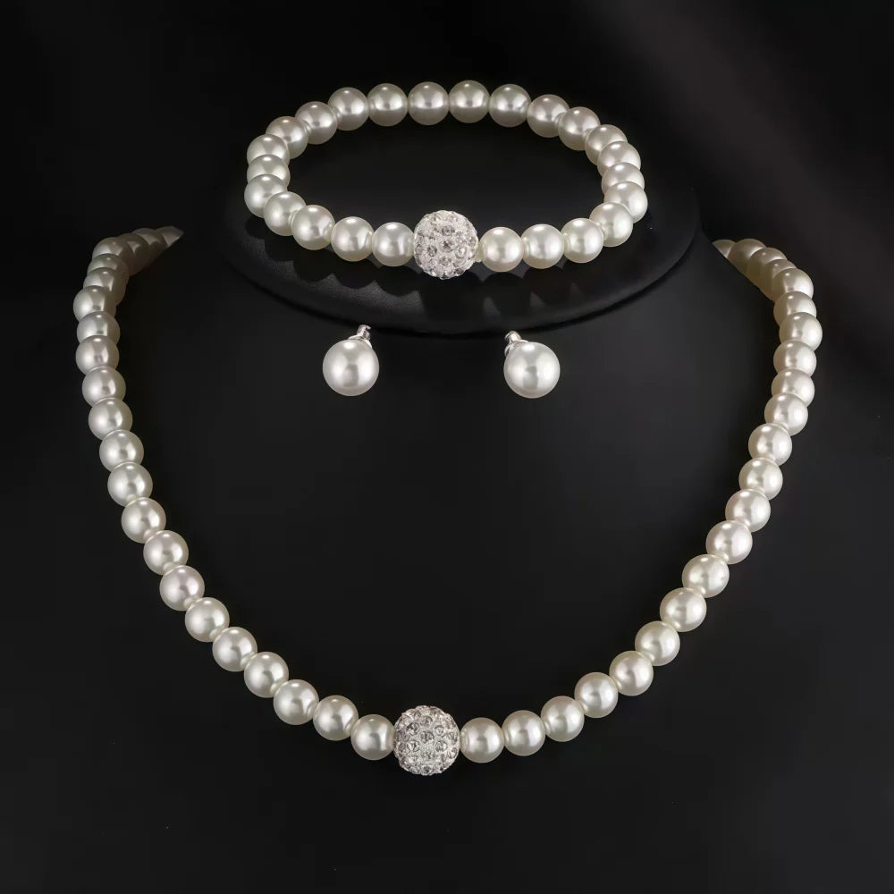 3 PCS Imitation Pearl Fireball Necklace Bracelet Earring Stud Jewelry Set Silver Color Crystal Stone Elegant Bridal Jewelry Gift