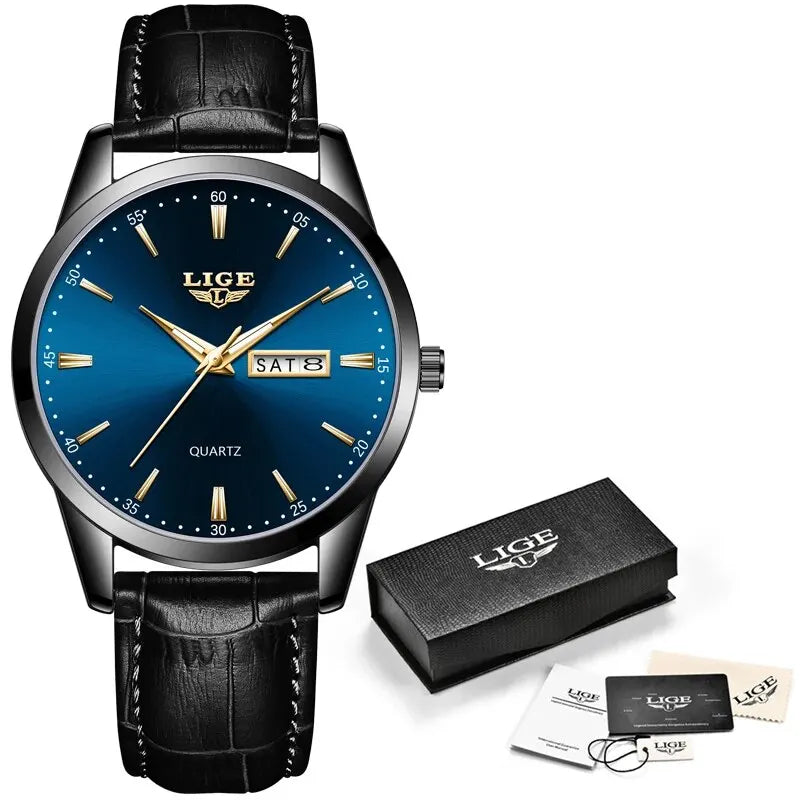 LIGE Fashion Watches Men Top Brand Luxury Quartz Watch Men Leather Strap Waterproof Business Casual Men Wristwatches Clock