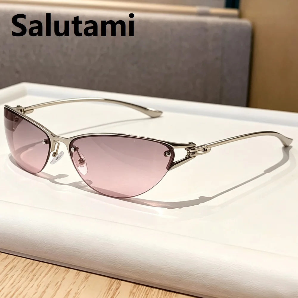 New Silver Y2K Metal Cat Eye Sunglasses Women Fashion Half Frame Clear Gradient Shades UV400 Men Trending Sun Glasses Uv400