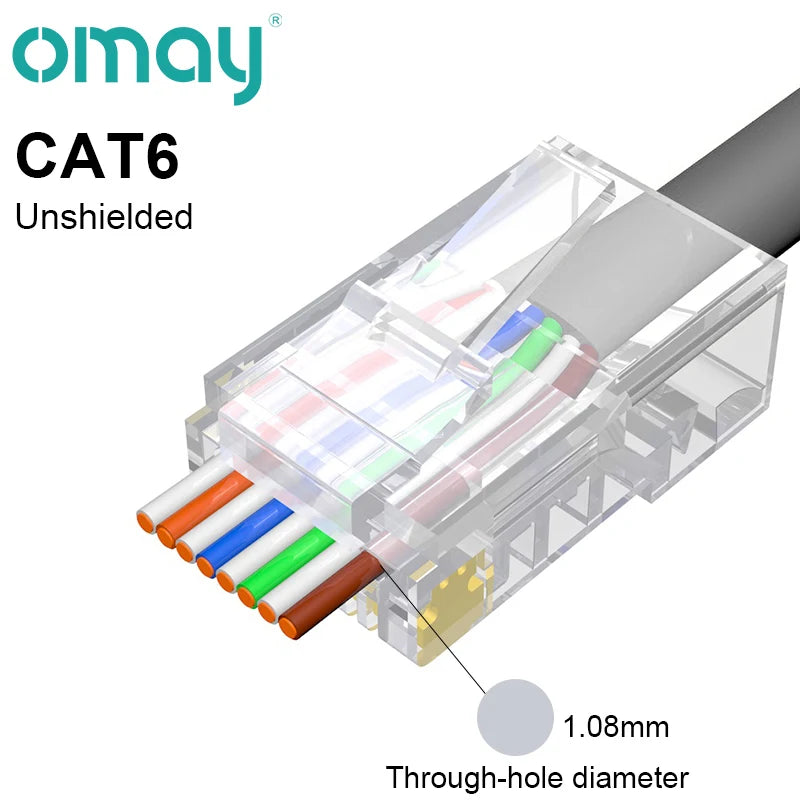 CAT6/7/5E RJ45 Connectors Pass Through Modular Plug Network UTP 3/50μ Gold-Plated 8P8C Crimp End for Ethernet Cable