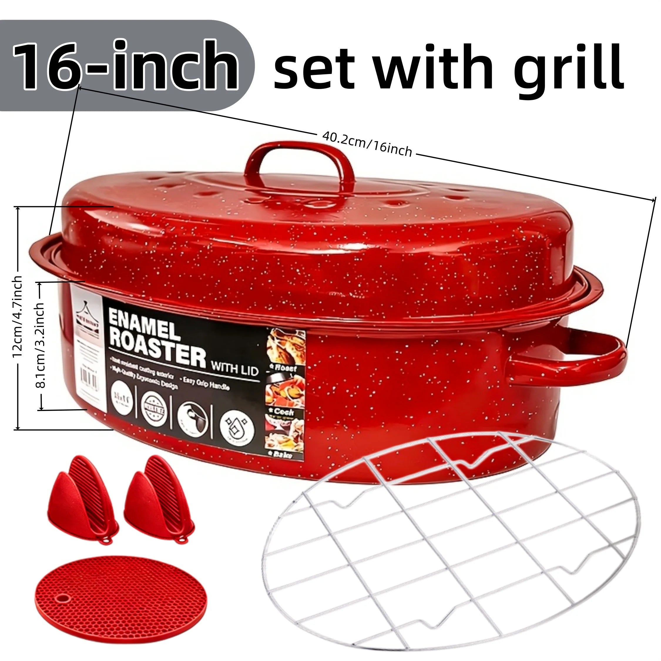 16 Inch Roasting Pan with Lid-Covered Oval Roaster-Enamel Carbon Steel Roaster Pot-Excellent Heat Distribution and Non-sticky - for Turkey Chicken Meat & Vegetables -Birthday and Holiday Gifts