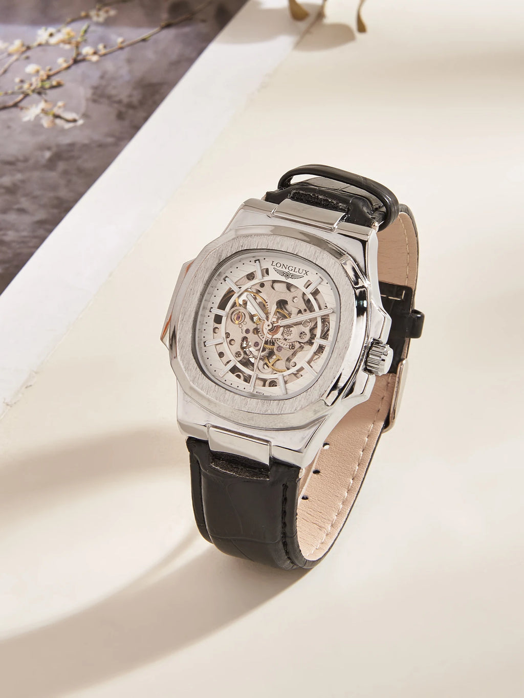 LONGLUX Automatic Mechanical Watch Outdoors Simple Luxury Watches Waterproof Cheap Wholesale Skeleton Leather Mens Watch Gift