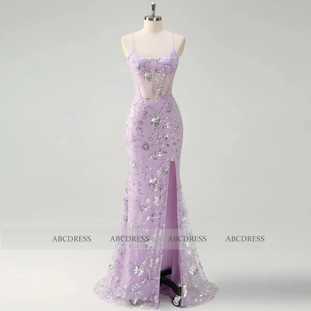 Customized Sparkly Floral Sequin Applique Long Prom Dress Mermaid Maix Evening Gown Elegant Sheer Corset Criss Cross with Slit