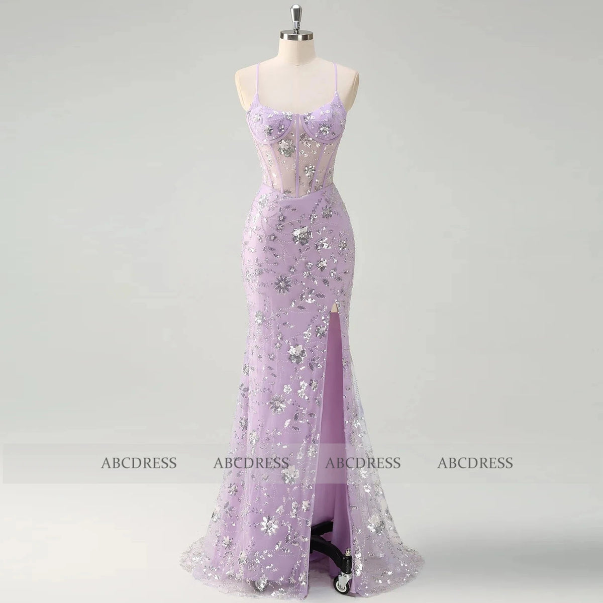 Customized Sparkly Floral Sequin Applique Long Prom Dress Mermaid Maix Evening Gown Elegant Sheer Corset Criss Cross with Slit