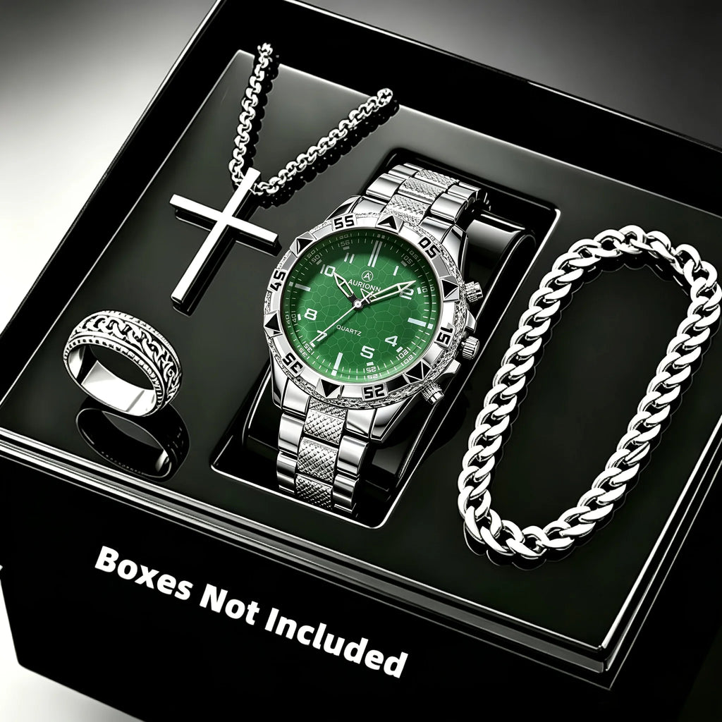 Men's Fashion Business 4-piece Set Quartz Watch with Crucifix Pendant Necklace, Bracelet and Ring Set - Alloy Strap