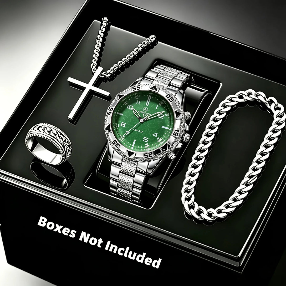 Men's Fashion Business 4-piece Set Quartz Watch with Crucifix Pendant Necklace, Bracelet and Ring Set - Alloy Strap