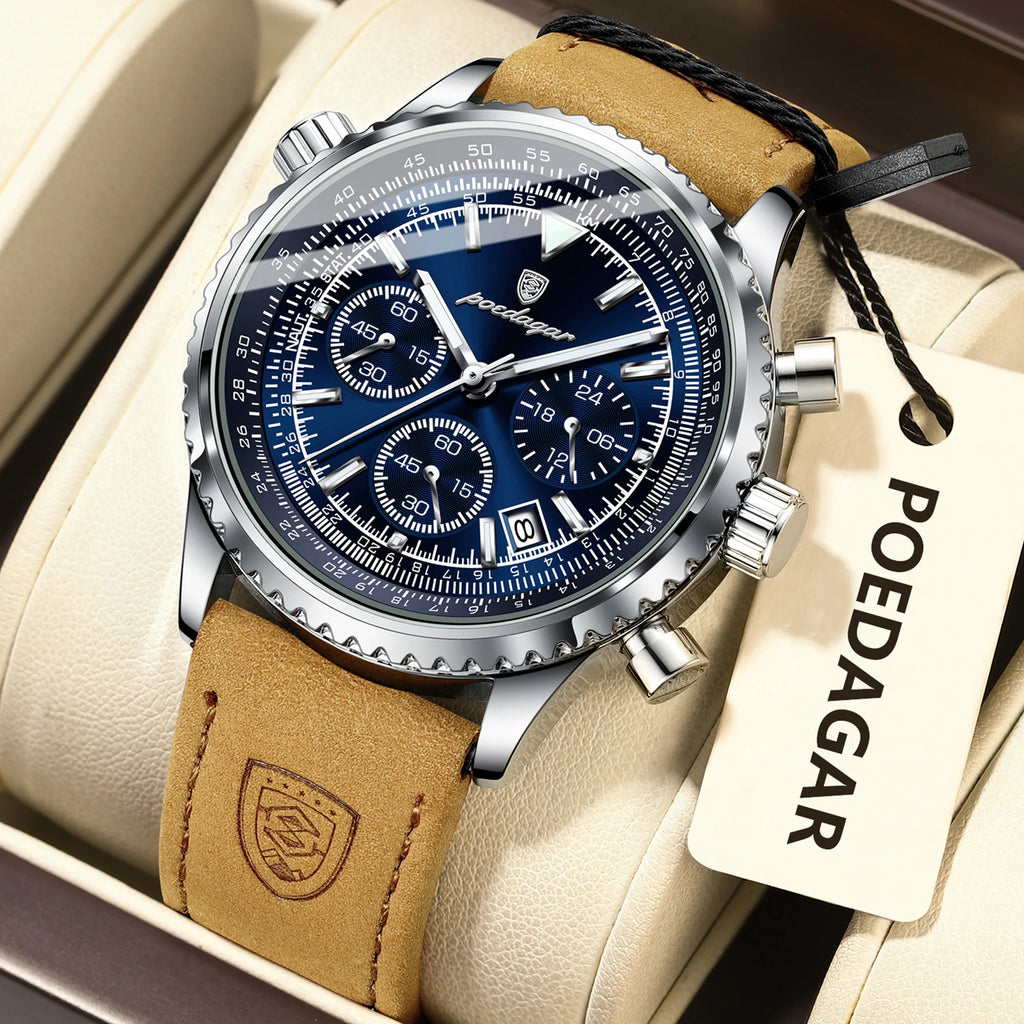 POEDAGAR Luxury Business Men's Watch Waterproof Luminous Date Chronograph Leather Man Clock Fashion Quartz Watches For Men Reloj