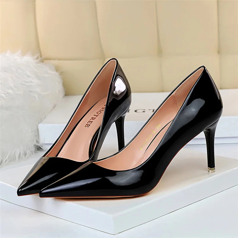 Women Mteallic Patent Bronze Leather Pumps 7.5cm 10.5cm High Heels Lady Stiletto Middle Low Heels Wedding Bridal Silver Shoes