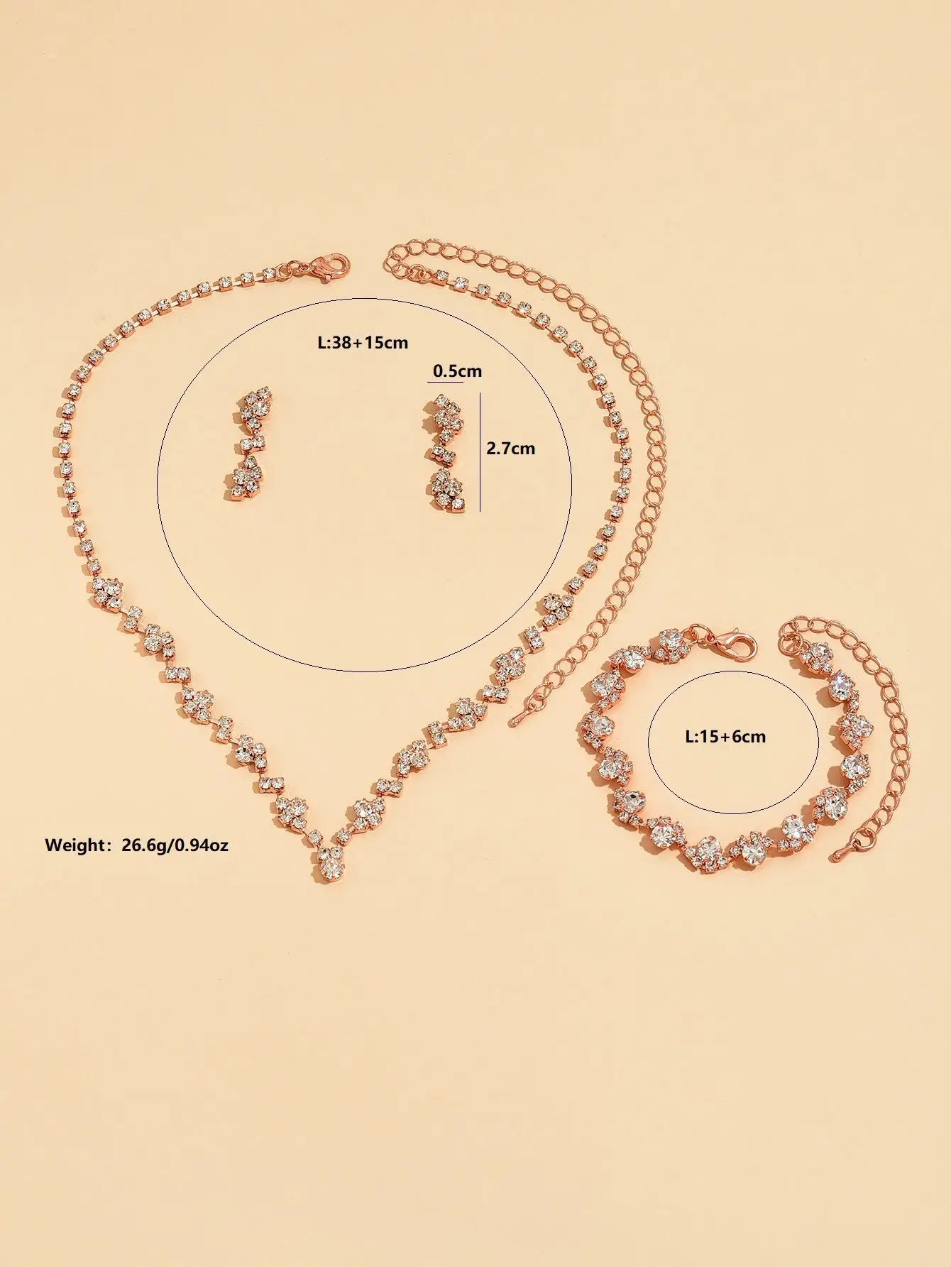 Classic sparkling rhinestone necklace, earrings, bracelet, three piece set suitable for sweet afternoon tea date outfit