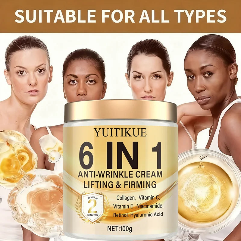 6-in-1 Anti-Wrinkle Cream: Deeply moisturizes, firms the skin, contains Vitamins C and E, retinol, and hyaluronic acid.
