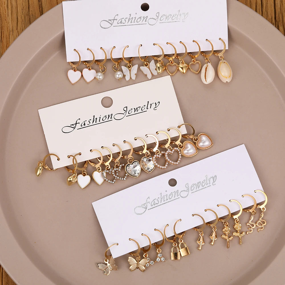 18 Pairs Of Lady Earrings Snake Butterfly Mushroom Lock Diamond-encrusted Zircon Pearl Love Earring Set