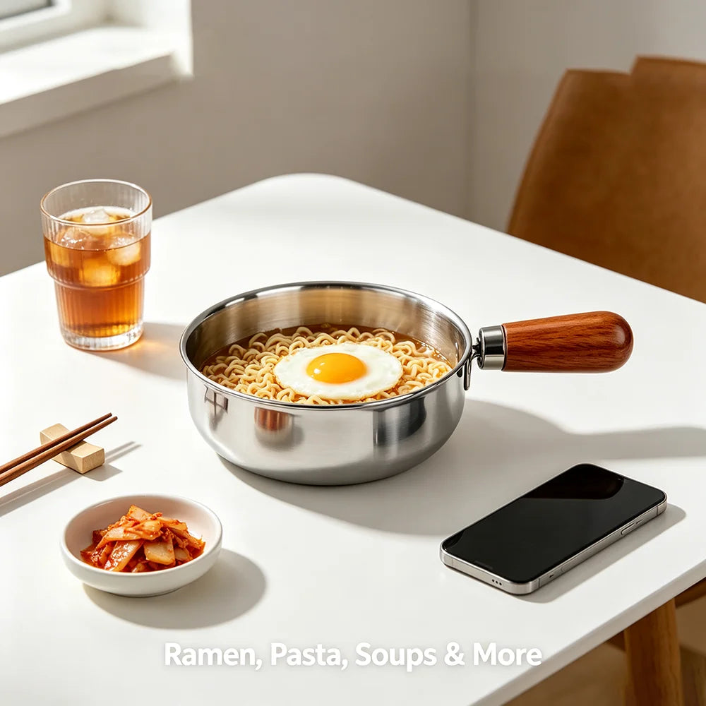 1pc Stainless Steel Instant Noodle Bowl, Detachable Handle Small Pot for 1 Person,Ramen Egg Salad Bowl with Walnut Wood,Egg Bowl