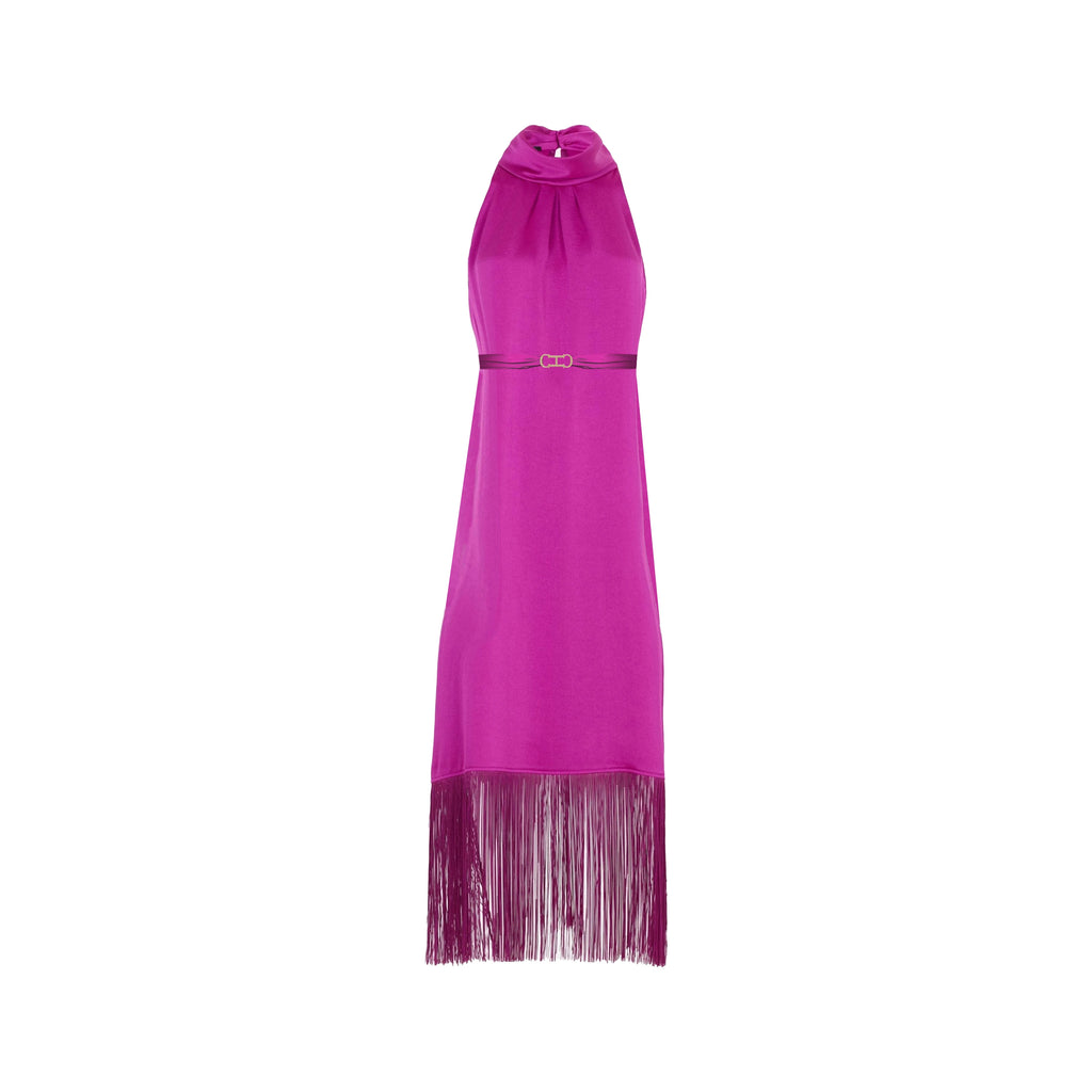 CHCH New Women Party Dress Hanging Neck Style Dress High Collar Sleeveless Fringe Skirt Hem Belt Evening Dresse