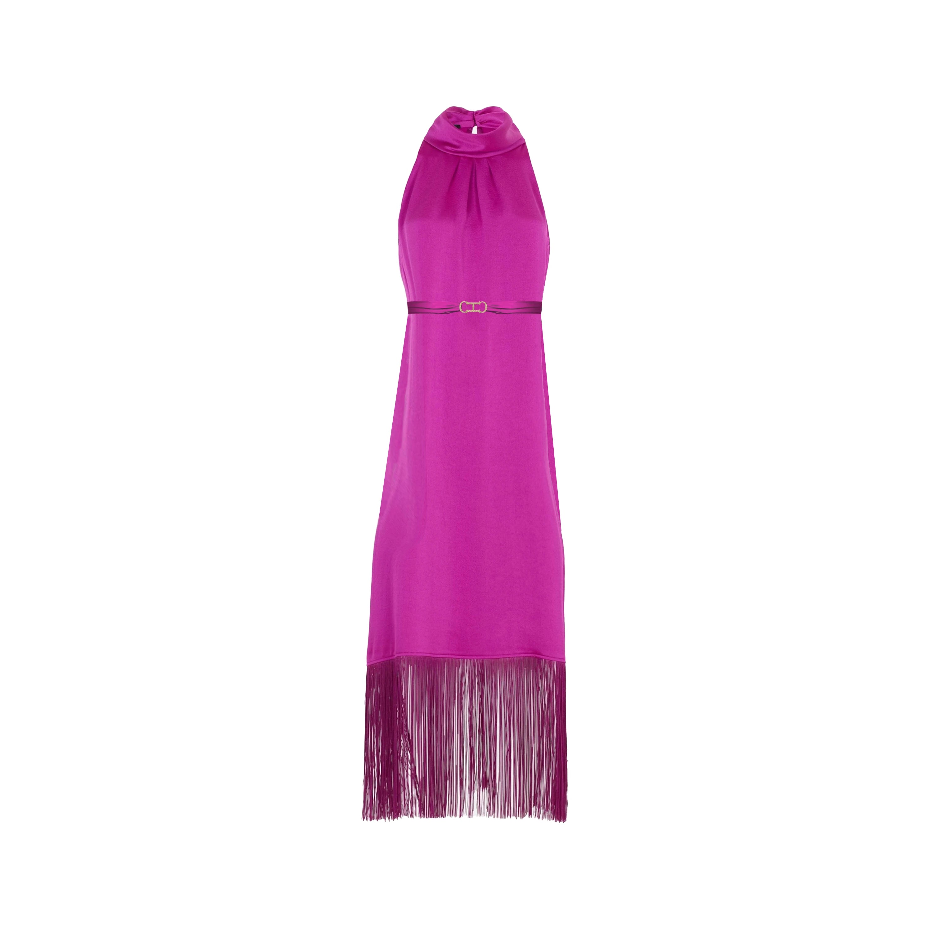 CHCH New Women Party Dress Hanging Neck Style Dress High Collar Sleeveless Fringe Skirt Hem Belt Evening Dresse