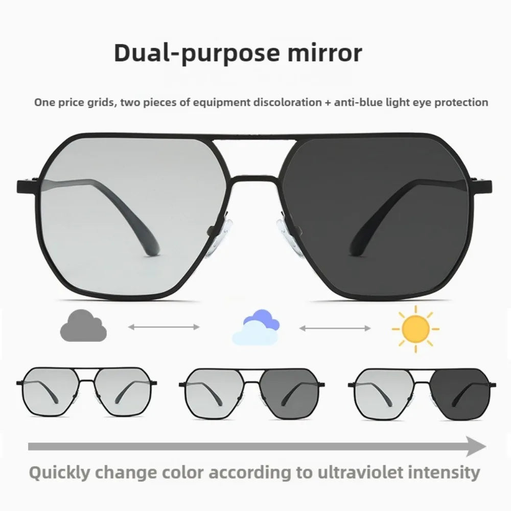 New Metal polarized Double Beam Photochromic Sunglasses For Men Drive Night Vision Glasses Fashion Shade For Men Women