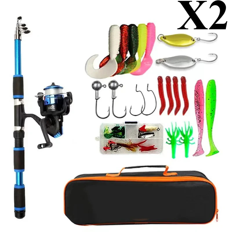 BRAVMACK Travel Telescopic Fishing Rod Full Kit Spinning Reel Baits Hooks Portable Outdoor Angling Pole Set