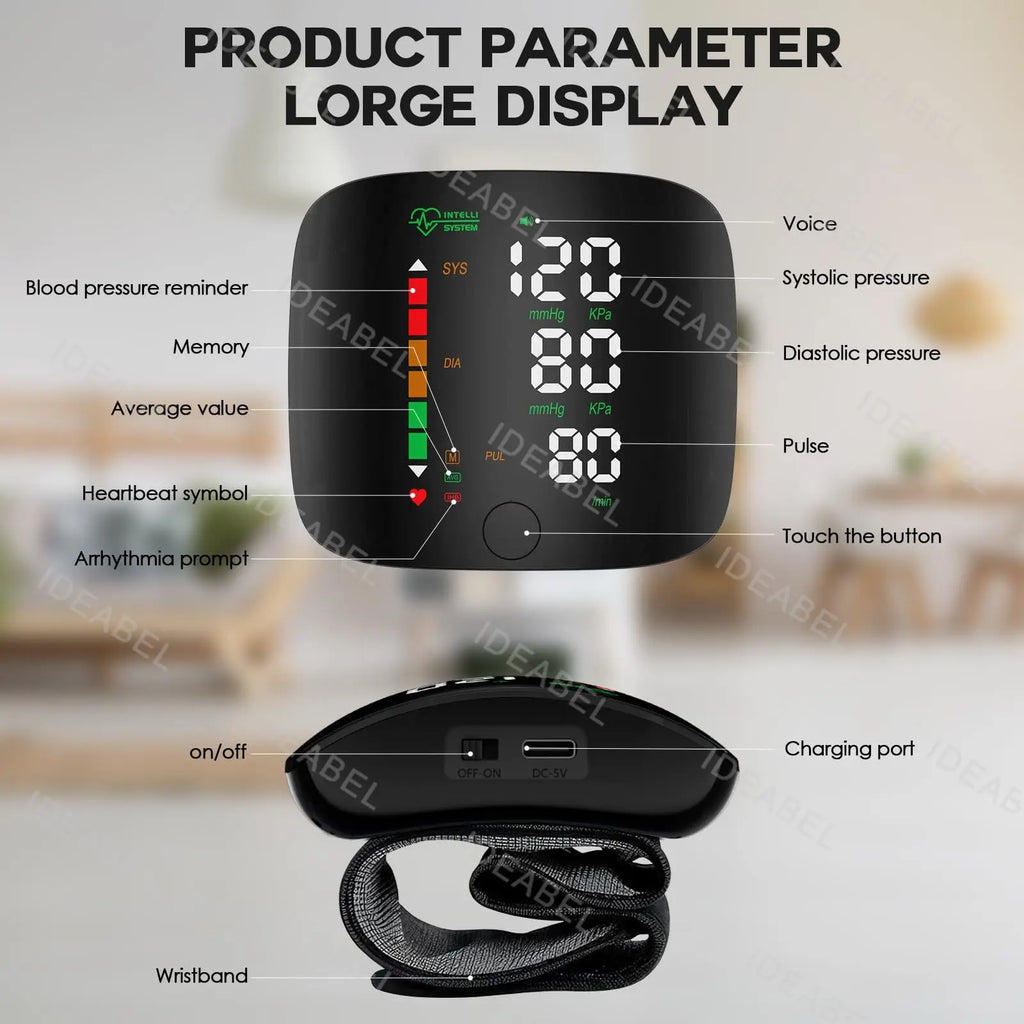 New LED Wrist Blood Pressure Monitor Rechargeable English/Spanish/Russian Voice Broadcast Sphygmomanometer Tonometer BP Monitor