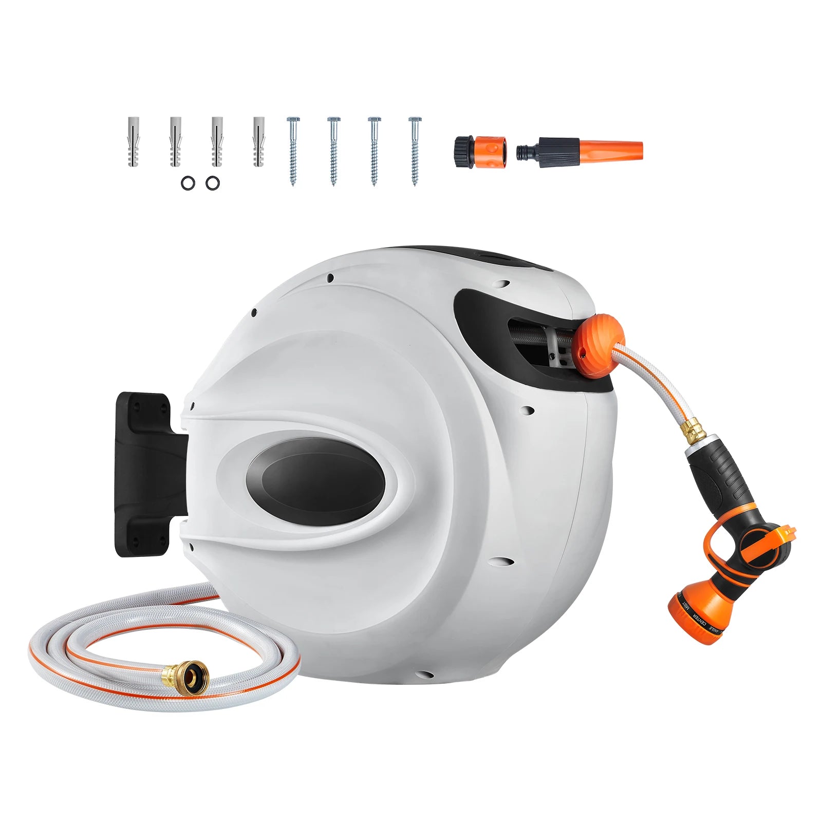 SucceBuy Retractable Hose Reel 180° Swivel Bracket Wall-Mounted Garden Water Hose Reel with 9-Pattern Nozzle Automatic Rewind