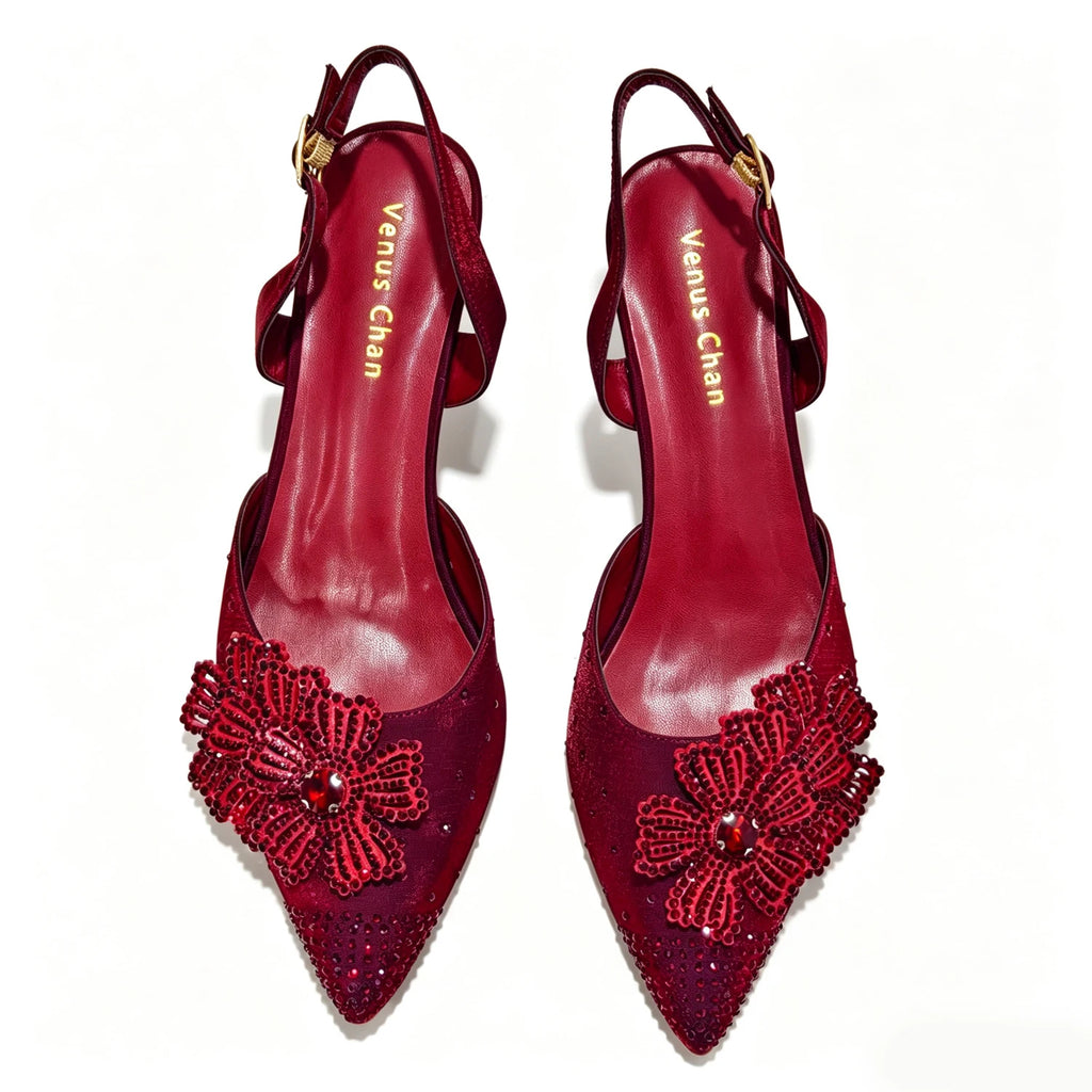 Luxury Women's Satin Slingback Heels with Rhinestone Embellishments & Pointed Toe - Stunning 3D Floral High Heels Ideal