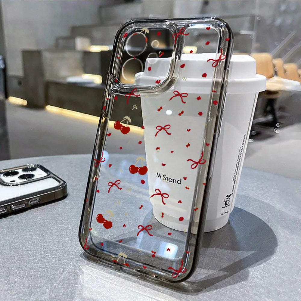 Transparent Cherry Painted Phone Case For iPhone 17 Pro Max  18 16 13 11 15 14 Plus 12 Air 16E Silicone Shockproof Funda Cover