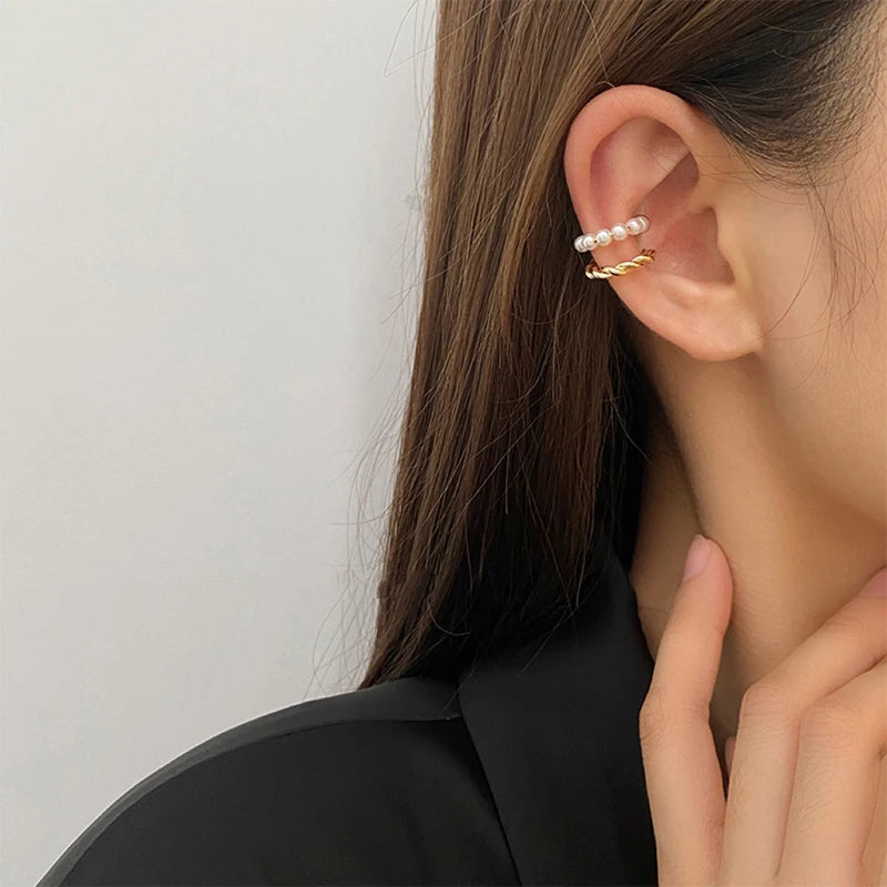 Elegant Imitation Pearl Ear Clip Fashion Twist Metal Geometric Earrings For Women Party Wedding Exquisite Ear Jewelry Gifts E