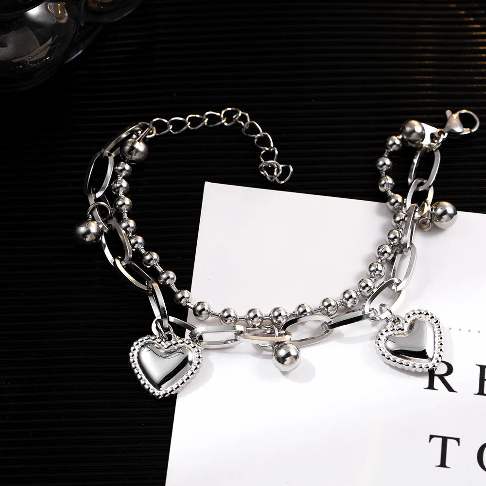 Ins Double-layers Korean Heart Tassel Bracelets for Women Sliver Love Thick Chain Beaded Bangle Hiphop Bracelet Jewelry Gift