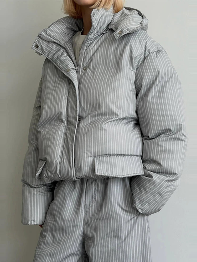 Fashion Women's Stripe Cotton Padded Coat Pant Set Loose Full Sleeve Hooded Zipper Jacket Elastic Waist Pants 2026 Winter Suits