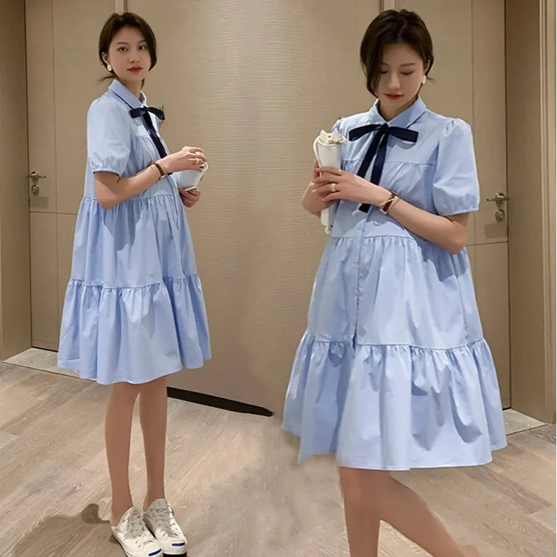 2026 Summer Maternity Shirts Dress Short Sleeve Turn-down Collar Elegant Pregnant Woman Mini Dress with Tie Ribbon Loose Blouses