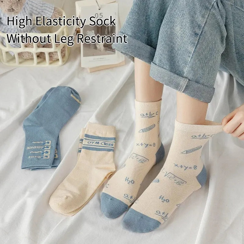 5 Pairs of Women's Spring Four-season Cute SStriped Letters Youthful Beautiful Fashionable and Comfortable Mid-calf Socks