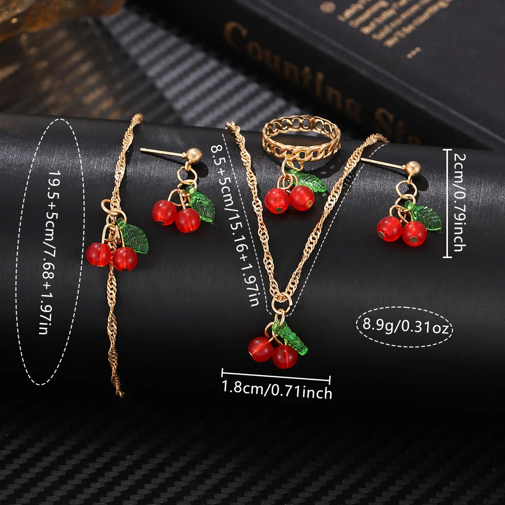 5/6 PCS/Set Red Women's Watch With Minimalist Elements Dial Quartz Watch Latex Strap Cherry Elements Jewelry Set Girl's Gift