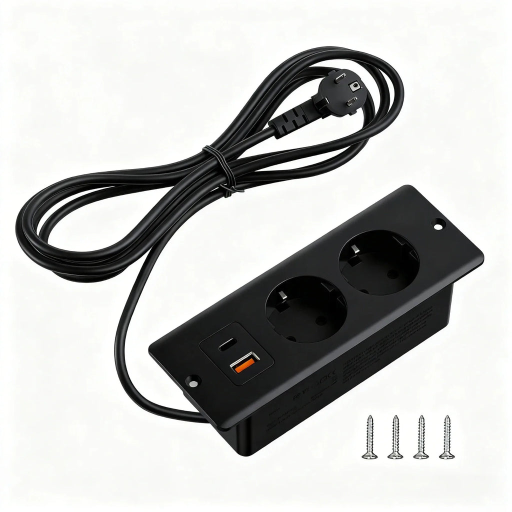 EU Black Recessed Table Desk Socket 2 Outlets with USB Type C 5V 2.1A AC110 220V Hidden Power Socket for Home Office